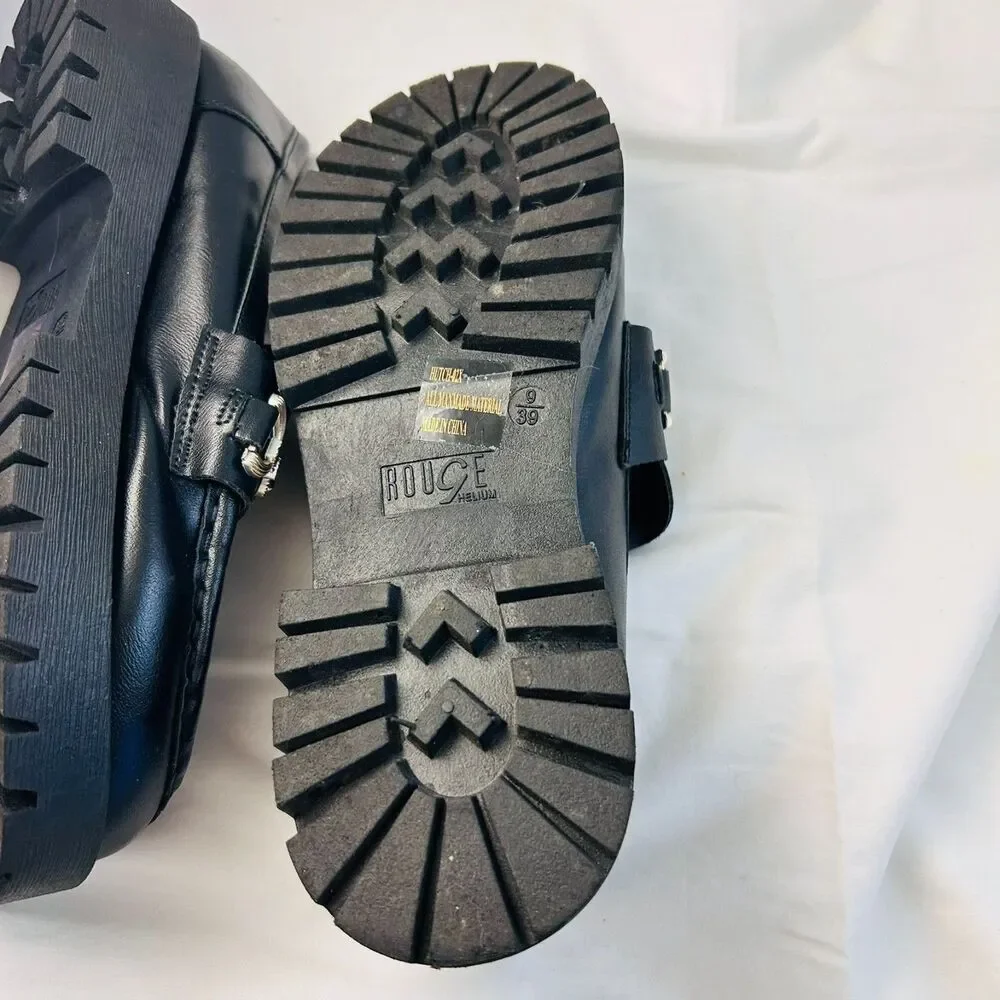 #8370 ROUGE HELIUM WOMEN'S BLACK LUG SOLE LOAFERS SIZE 9 CHUNKY SOLE MARY JANES